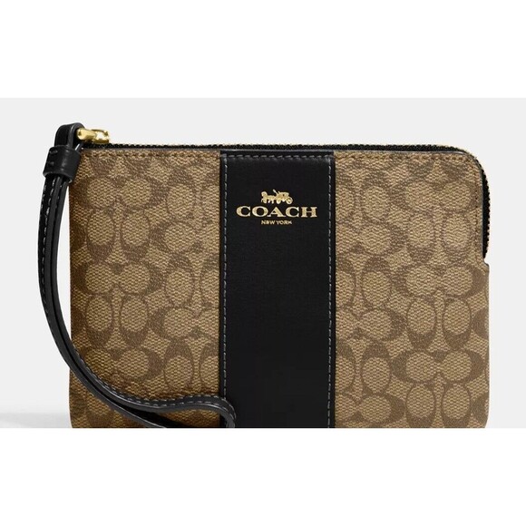 Coach Corner Zip Wristlet In Signature Canvas Gold / Khaki / Black CJ792- NEW - Picture 1 of 2